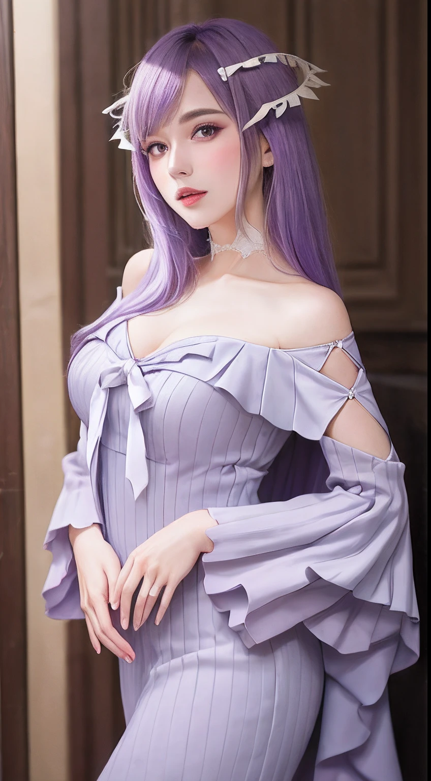 bangs, bare shoulders, blurry, blush, bow, breath, depth of field, dress, female focus, looking at viewer, parted lips, purple bow, purple dress, skirt, solo, standing