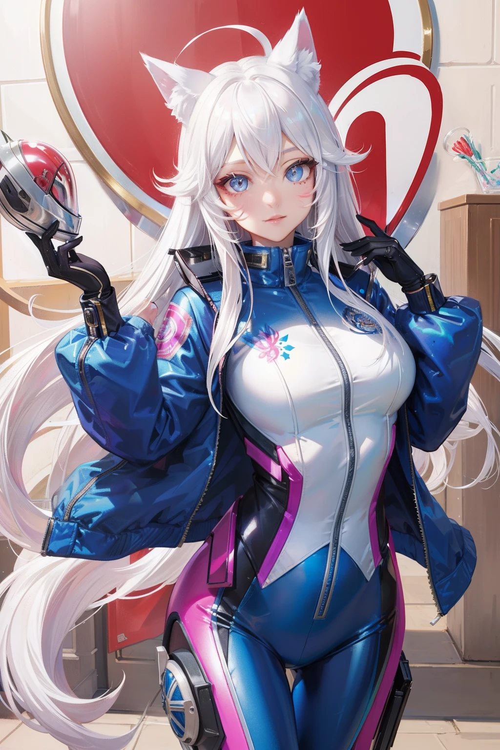 (Masterpiece, Best quality:1.2), Intricate details, Challenger Ahri, 1girll, tightsuit, helmet, Jacket, Animal ears, whisker markings, Long hair, White hair,