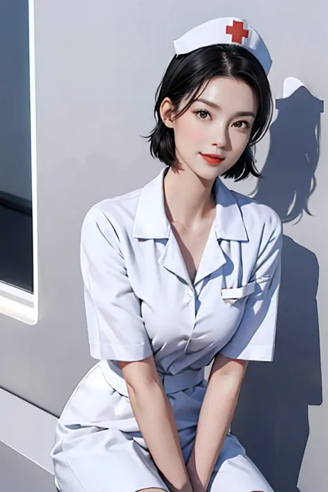 Black hair, white nurse's uniform on the upper body, open neckline, diagonal nurse's hat on the head, naked lower body, open leg...