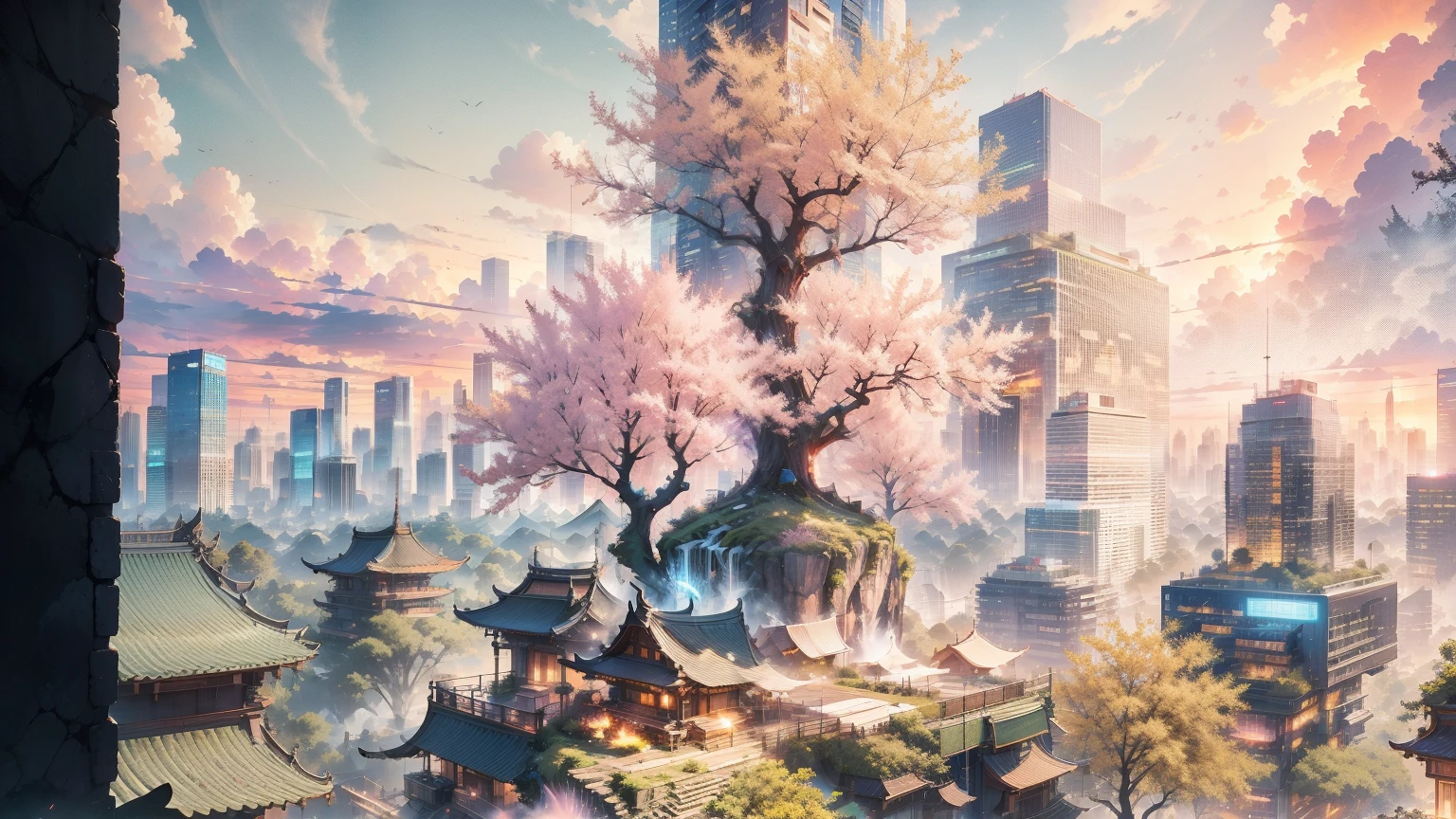 urban city at sunset，sky-high tower，A plant，rios，warm，hyper HD，crystal，dream magical，baiyun