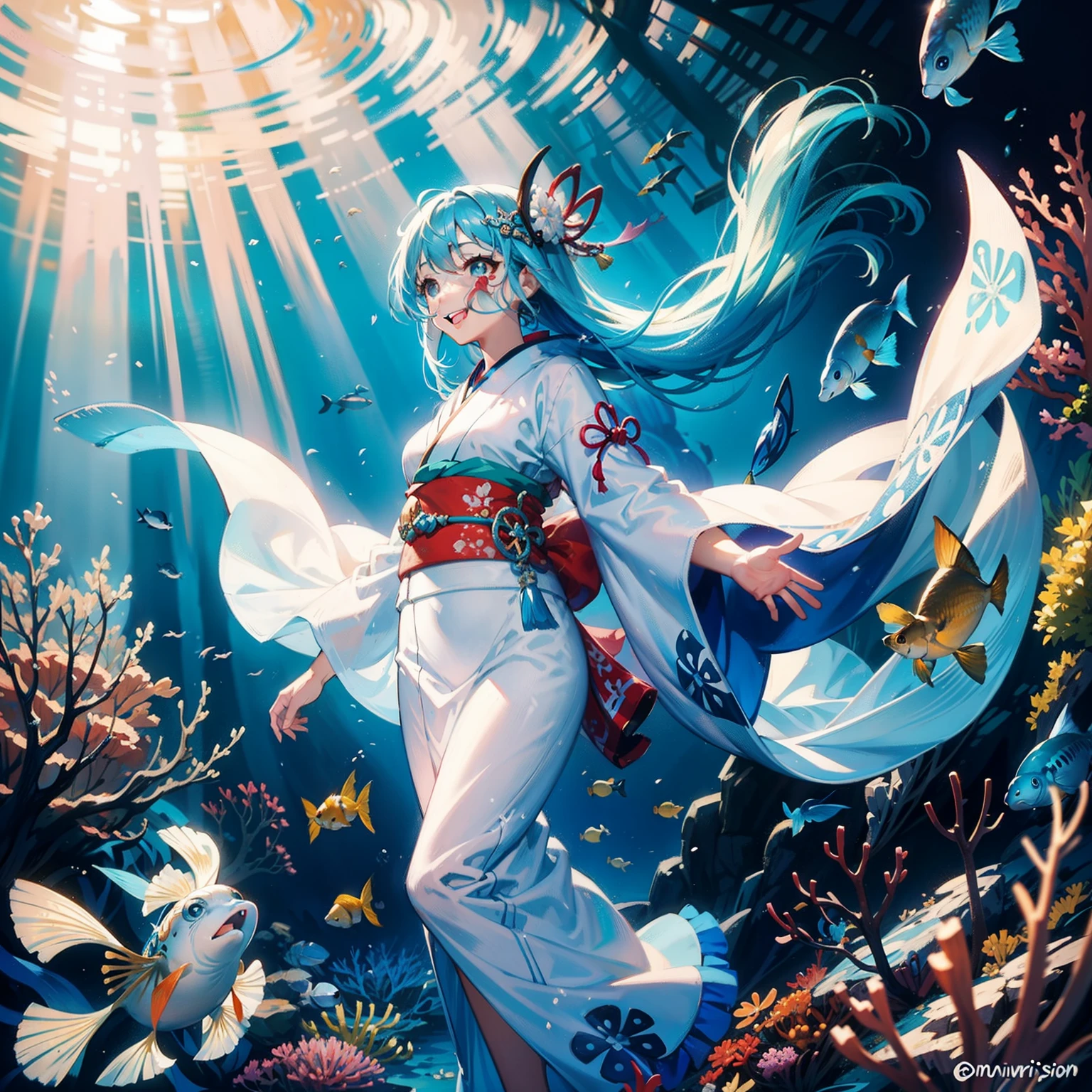 light blue hair woman walking under the sea, many colorful fishes, big smile, talking with fish, (masterpiece), (high quality), wearing a kimono