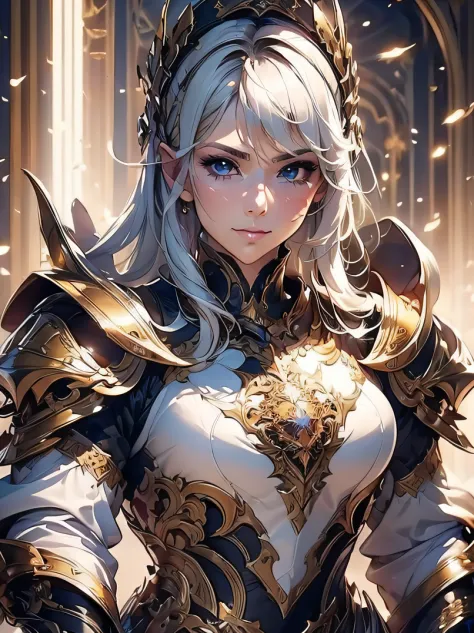 （​masterpiece、top-quality、raw、analog style）、foco nítido、Stunning portrait of a beautiful woman、4/5 shots、short blonde hair、((highlydetailed skin、Skin Details))、Perfect physique、Knight's armor with intricate patterns、full armor、full face helmet、Church Squar...