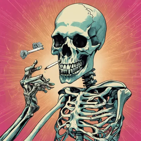 A cigarette is smoked between upper and lower teeth. A large bitcoin object glowing in the background. Realistic skeletal face smiling in spotlight. Close-up. Realistic depiction. The skeleton is in focus. Leica. Realistic photo.