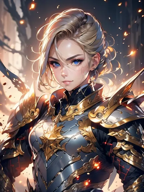 （​masterpiece、top-quality、raw、analog style）、foco nítido、Stunning portrait of a beautiful woman、4/5 shots、short blonde hair、((highlydetailed skin、Skin Details))、Perfect physique、Knight's armor with intricate patterns、full armor、full face helmet、Church Squar...