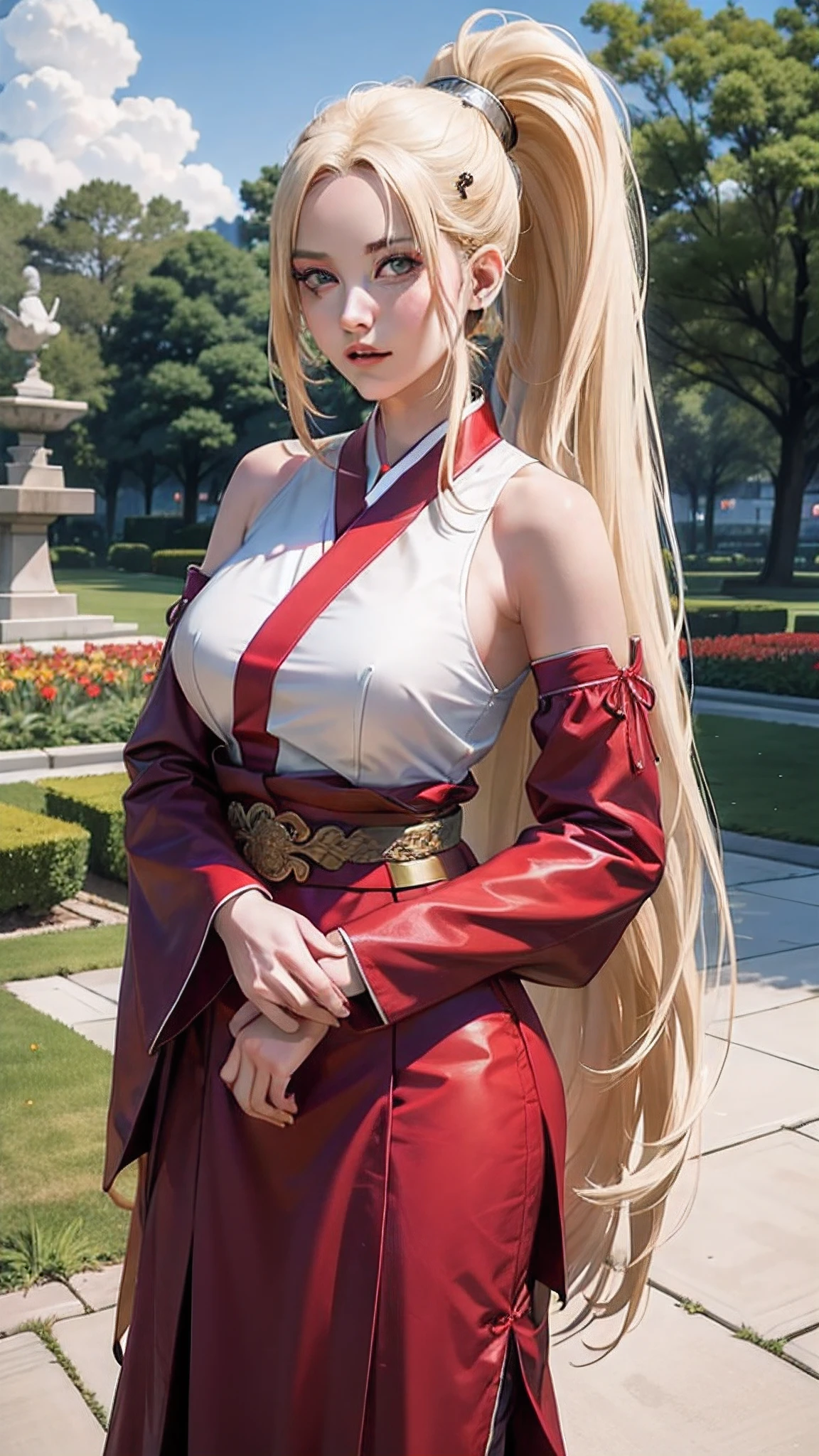 ino from the anime naruto, long hair, blonde hair, ponytail, beautiful, beautiful woman, perfect body, perfect breasts, wearing hanbok, typical south korean clothing, in the park, tulip garden, trees, green park, looking at the audience , slight smile, realism, masterpiece, textured skin, super detailed, high detailed, high quality, best quality, 1080p, 16k