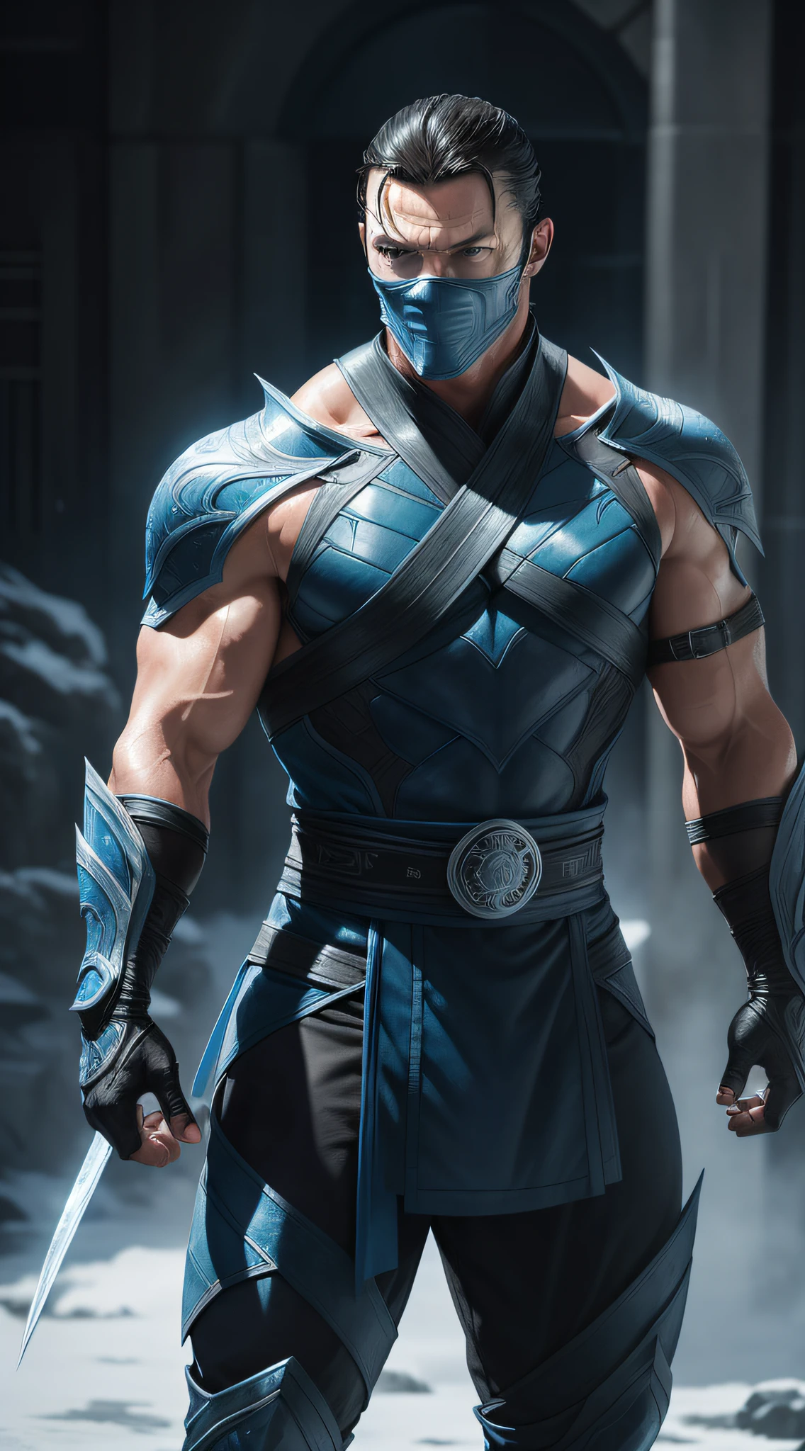 a photo of ((Luke Evans)) as Sub-Zero from Mortal Kombat, short hair, blue and black ninja outfit, ninja mask, (ice), cold, Intricate, High Detail, Sharp focus, dramatic, photorealistic painting art by greg rutkowski