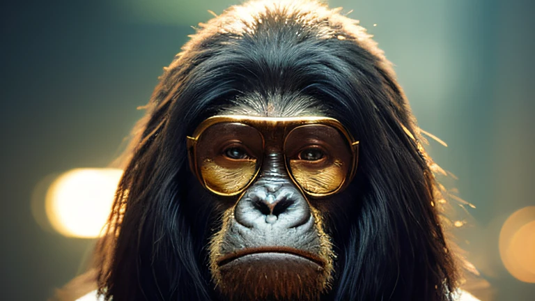 Planet of the Apes（（top Quority，8K，tmasterpiece：1.3）），Gorilla Warrior（golden jewelery），perspired，Water droplets on the forehead of the face，exteriors，background urban cityscape，Overhead，Sharp focus：1.2，cute animal：1.4，（（Layered Hair Style）），（Planet of the Apes 1），very detailed face and skin and hair texture，Knotted brunette hair，Moist textured hair，Moist body，Detailed eyes， double eyelid，White skin of the，Beautiful legs， beautiful delicate nose，warriors，dynamic angle，Deleite para la vista，Compositional suggestiveness，while emphasizing the subject's hair，The eye，Mouth and movements，At the same time, It exudes melancholic emotions，It is characterized by a mixture of calm tones and contrasts of light and shadow，gorillaz，Gold-tone sunglasses，Jewelry diamond frame yellow gold sunglasses，Gorilla warrior wearing jewelry diamond frame gold sunglasses