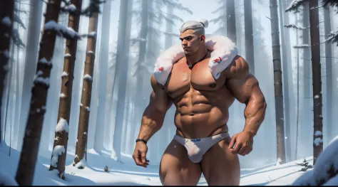 a stocky man is standing in the snow forest, he is wearing tight white transparent thong bikini highlighting his big bulge and big butts, there is a clothe line behind him and 5 Gstrings and thongs and underwears are hanging on the line, masculine and stoc...