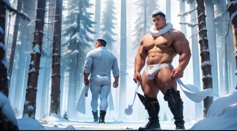 a stocky man is standing in the snow forest, he is wearing tight white transparent thong bikini highlighting his big bulge and big butts, there is a clothe line behind him and 5 Gstrings and thongs and underwears are hanging on the line, masculine and stoc...