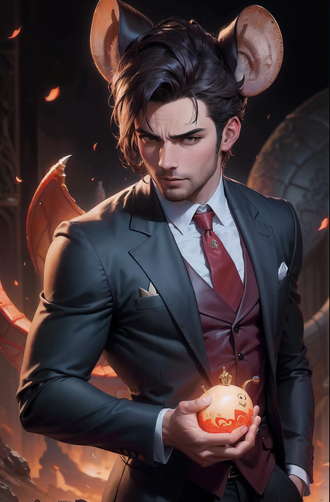 Había un joven de traje sosteniendo una pelota.，Tiene una cabeza de diablo., germen artístico extremadamente detallado, stanely artgerm, gama murata y artgerm, vampiro masculino guapo, Silas, IG model | germen de arte, retrato épico y elegante, germen de arte on ArtStation Pixiv, artgerm and ilya kushinov