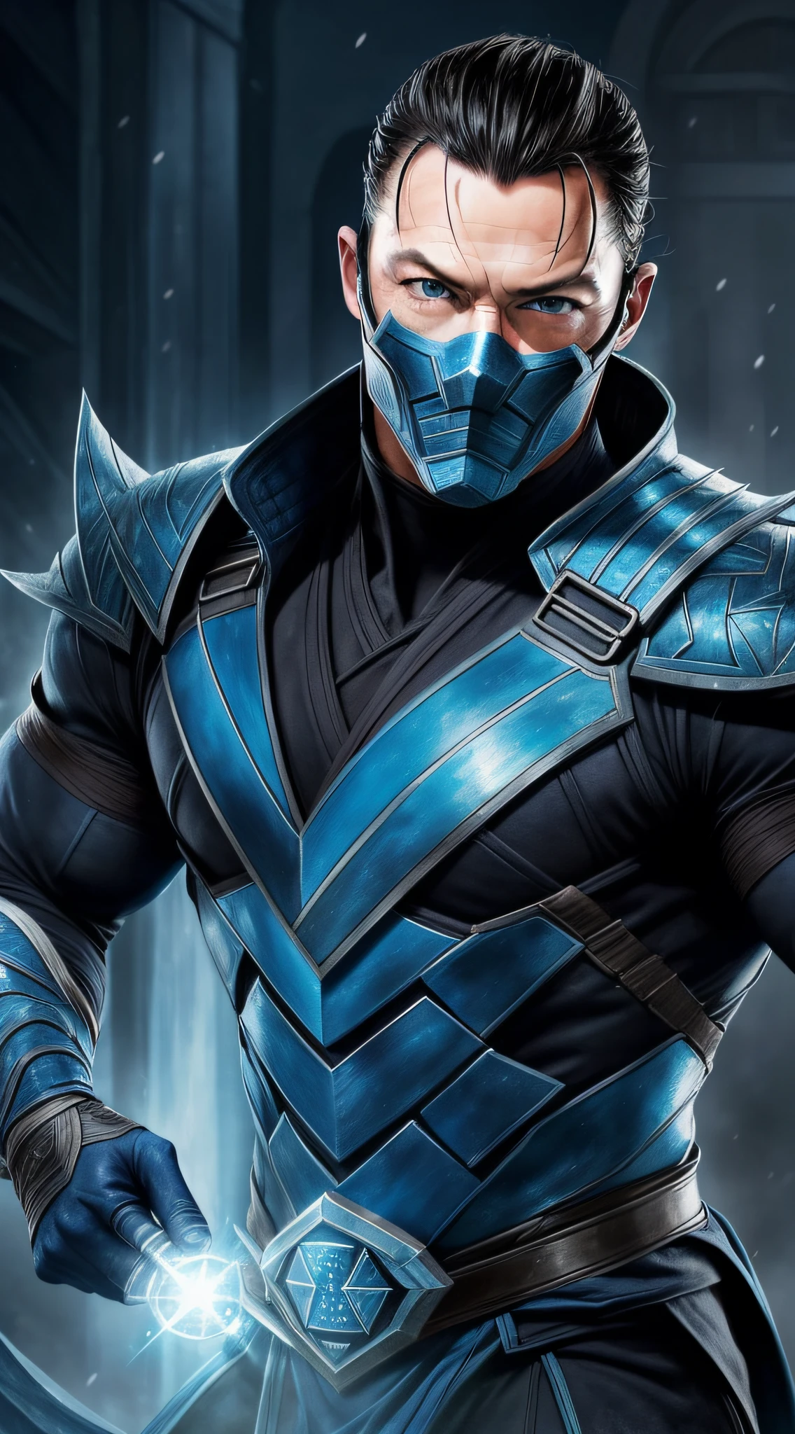 a photo of ((Luke Evans)) as Sub-Zero from Mortal Kombat, short hair, blue and black ninja outfit, ninja mask, (ice), cold, Intricate, High Detail, Sharp focus, dramatic, photorealistic painting art by greg rutkowski