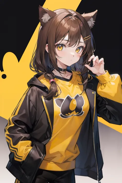 1girl，cat ear，Brown hair，Yellow sweatshirt，Black pantsuit，style of anime，High quality anime art，Anime art wallpaper 4k