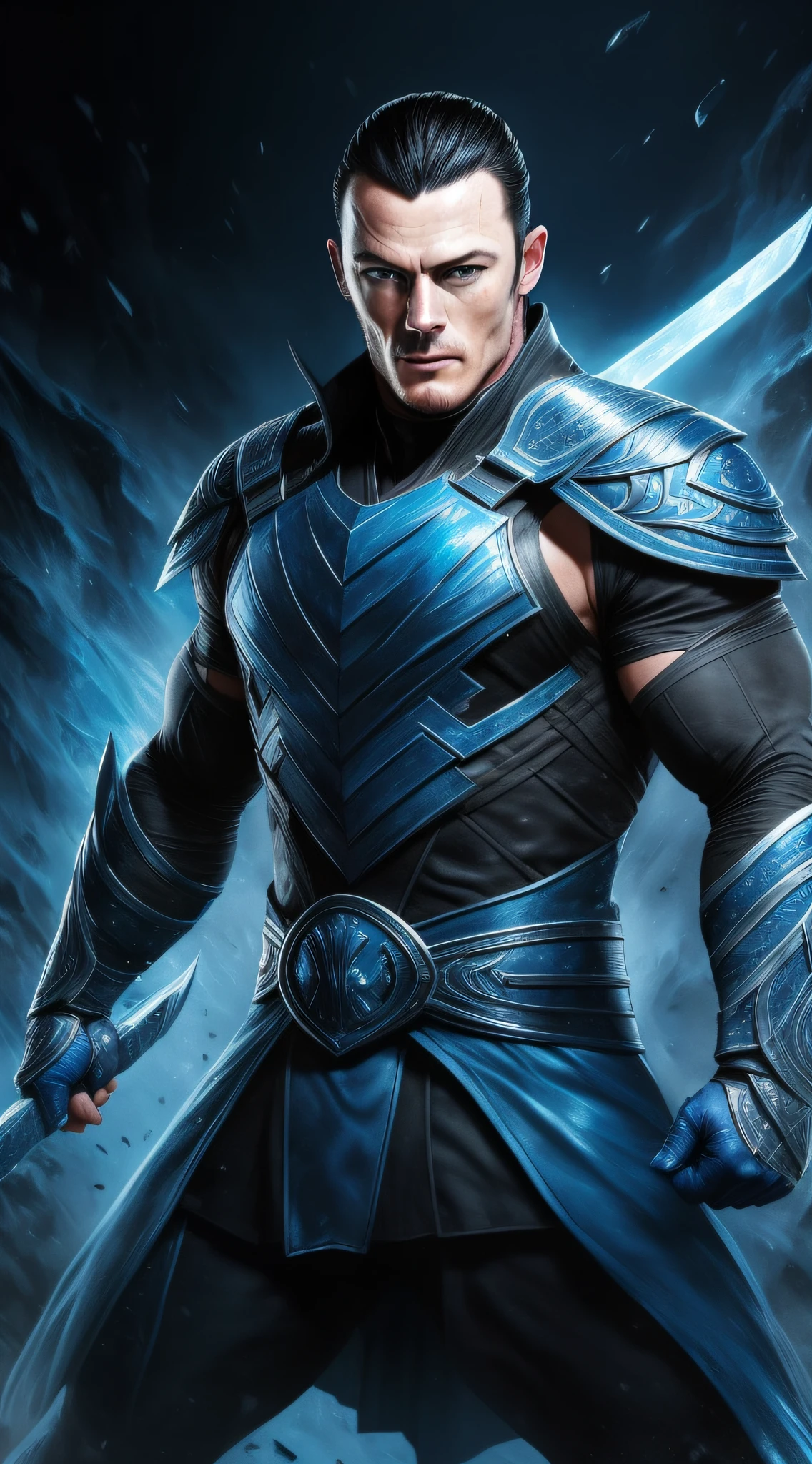 a photo of ((Luke Evans)) as Sub-Zero from Mortal Kombat, short hair, blue and black ninja outfit, ninja mask, (ice), cold, Intricate, High Detail, Sharp focus, dramatic, photorealistic painting art by greg rutkowski