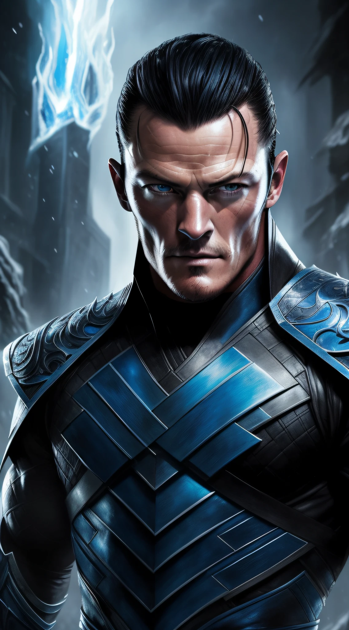 a photo of ((Luke Evans)) as Sub-Zero from Mortal Kombat, short hair, blue and black ninja outfit, ninja mask, (ice), cold, Intricate, High Detail, Sharp focus, dramatic, photorealistic painting art by greg rutkowski