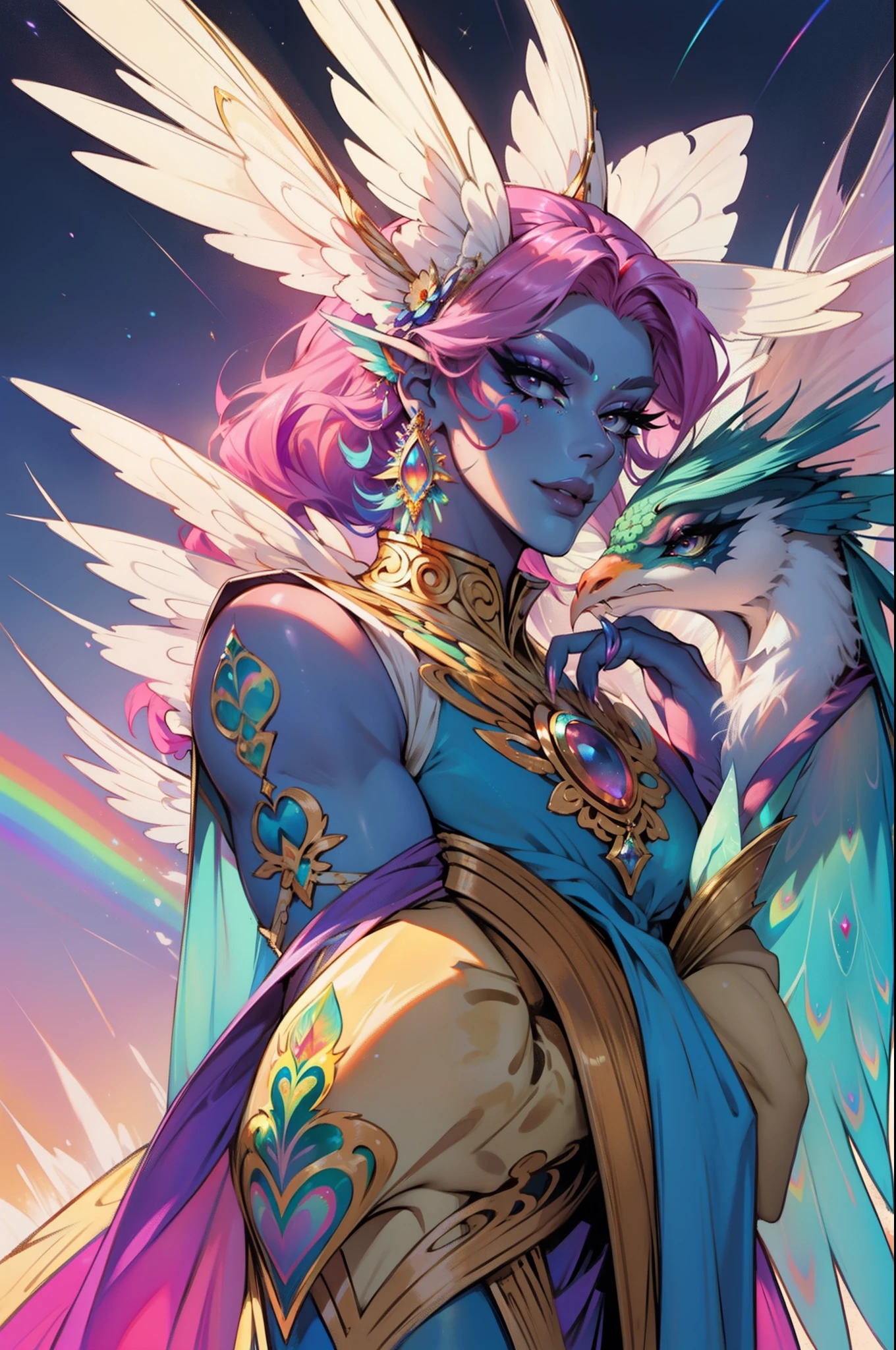 "A magnificent drag queen radiating a captivating and ethereal essence, reminiscent of the resplendent colors and grace of a majestic rainbow peacock."