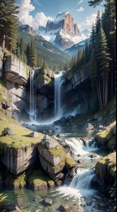 A painting of a waterfall in the mountains with trees and rocks 