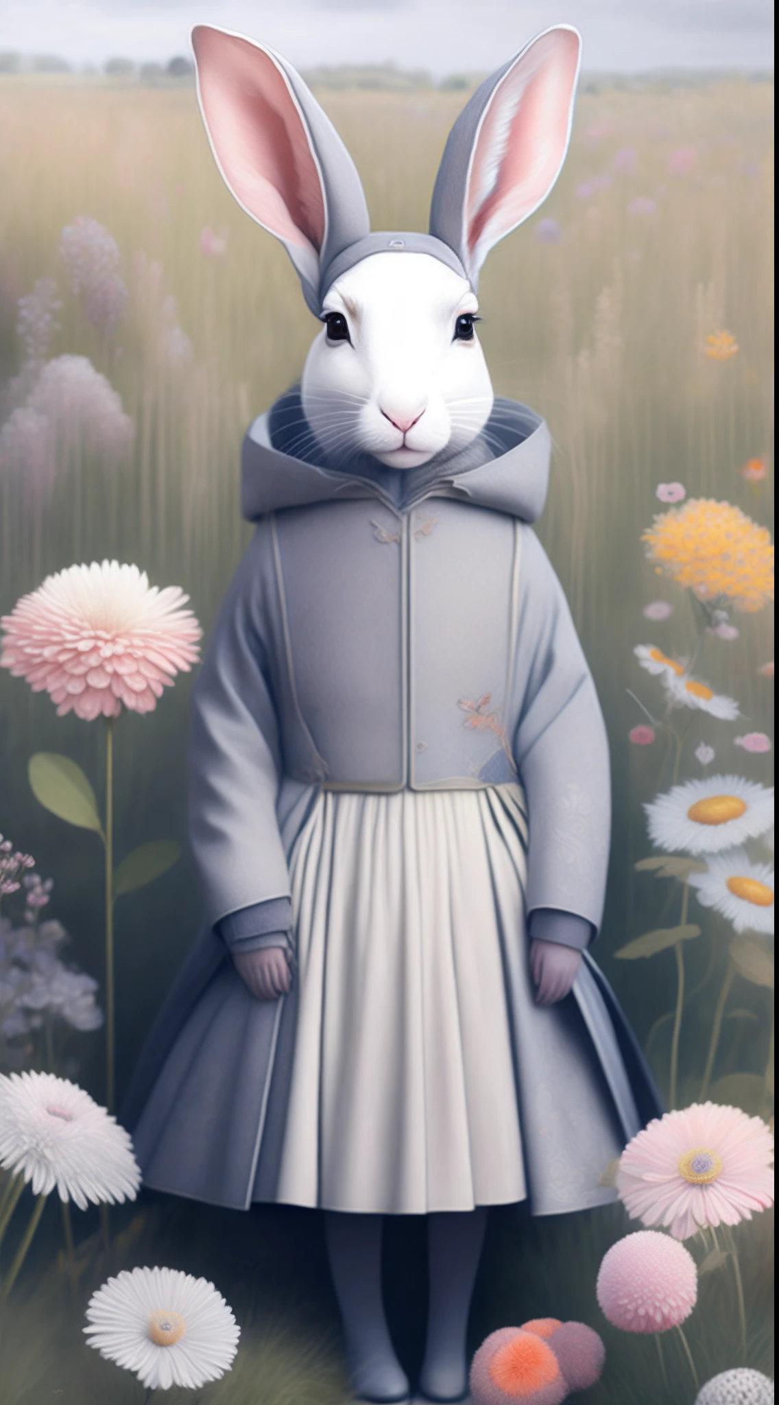 Fashionable animals : Several animals side by side : un lapin (en costume gris). In a field of flowers in the manner of Miho Hirano