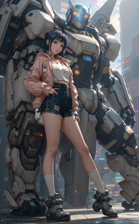 anime girl in short shorts and jacket standing next to giant robot, artwork in the style of guweiz, cyberpunk anime girl mech, t...