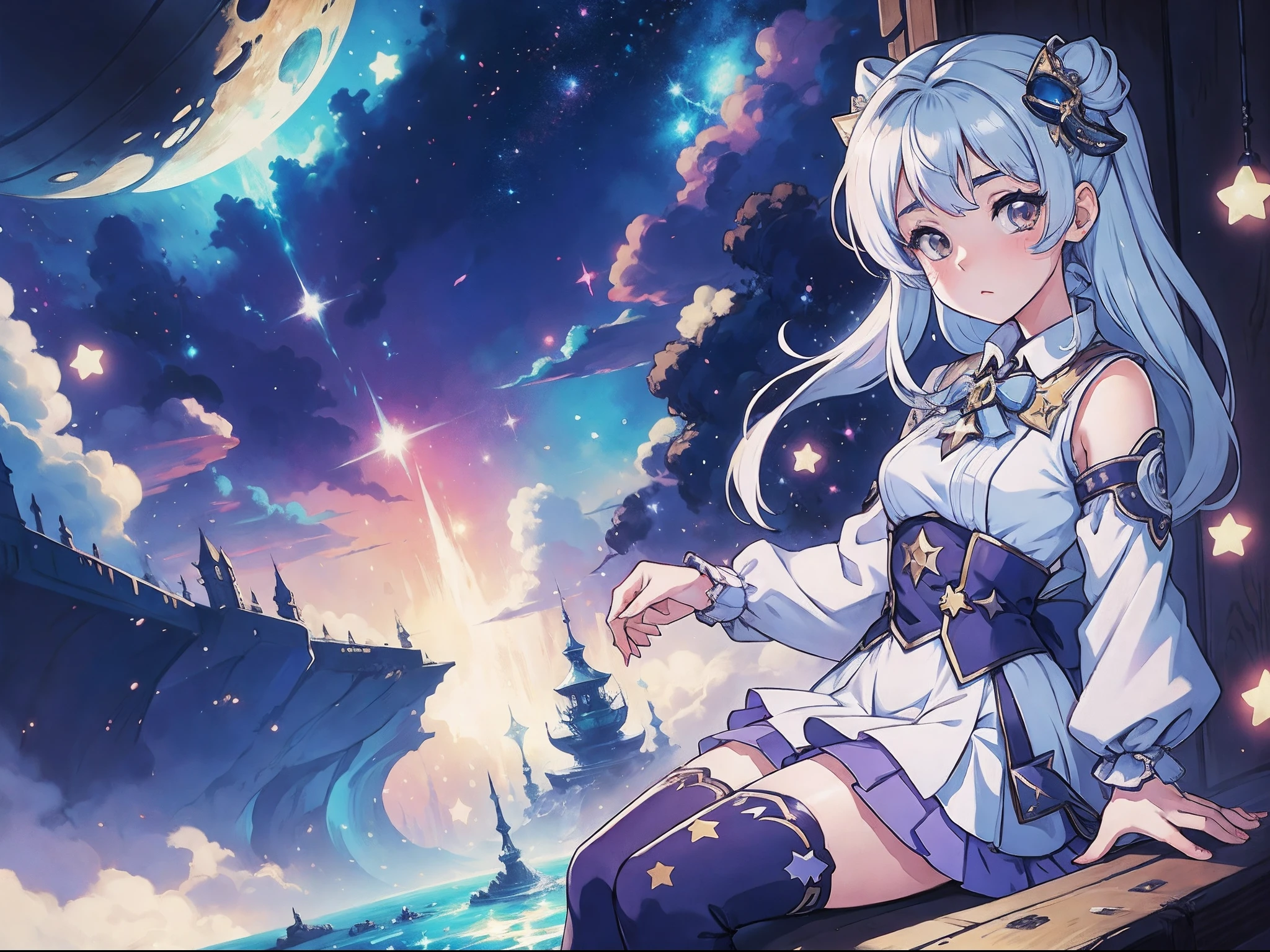 anime style,girl,sitting, full body, stars pattern clothes, fantasy style,cute, silver color hair, magic