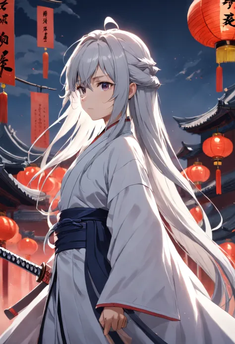 China-style，swordsman，Young gray hair，long and flowing hair，white colors