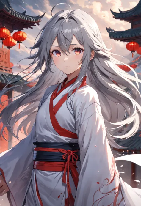 China-style，swordsman，Young gray hair，long and flowing hair，white colors