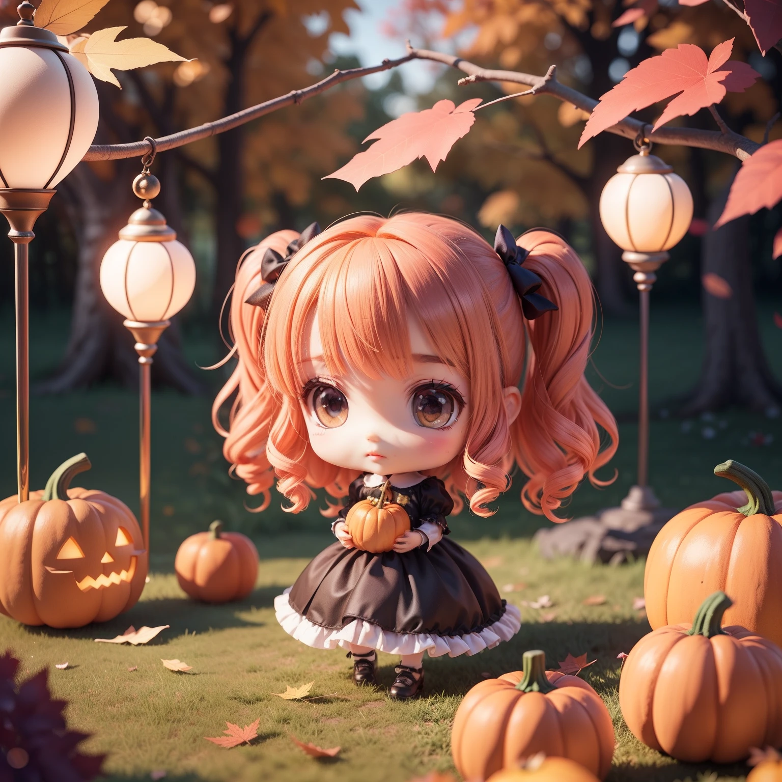 Cute Baby Chibi Anime,(((Chibi 3D))) (Best Quality) (Master Price)、Chibi Model、Black and purple dress、hairaccessories、Autumn in the fairytale forest、Lots of realistic pumpkins、In both hands、Have a retro lantern