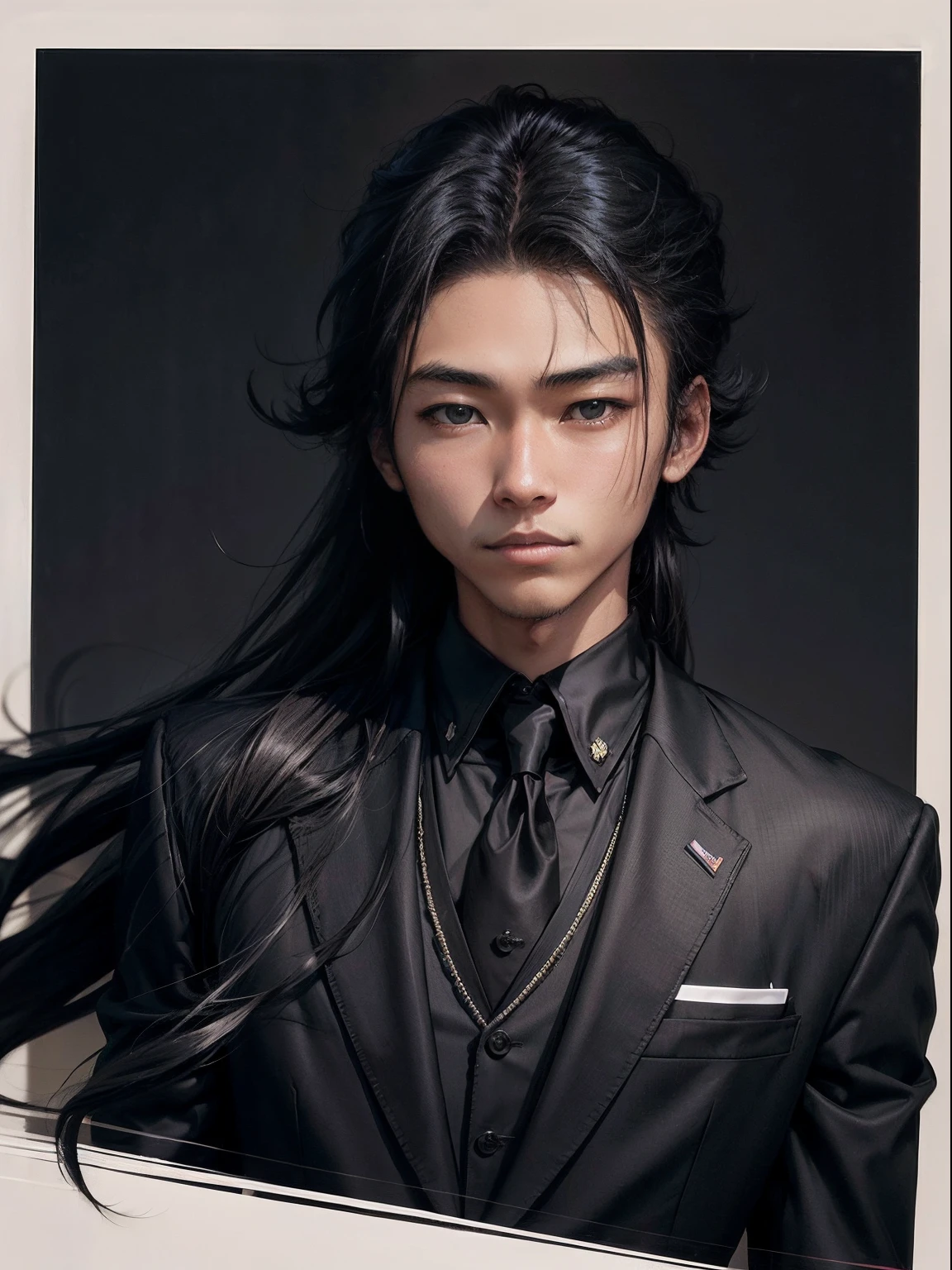 kazuhiro1, man, 18 years old, school uniform, long hair, black suit, masculine, ((black background)), close up