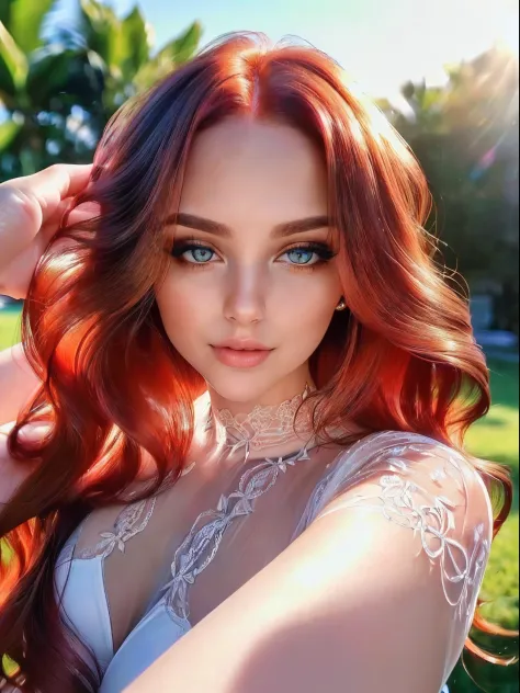 1model woman, ((soft red hair)), long hair, ((wavy hair)),high quality, best quality, (bright eyes, sun-kissed skin), (girl in transparent lace: 1.9), thick thighs, high detail, realism, high resolution, 4K, ccurate, anatomically correct, 3.5),(Very transp...