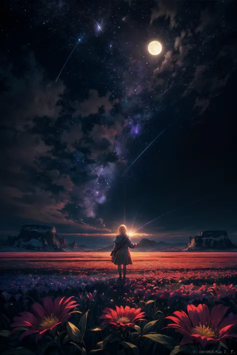 expansive landscape photography, (a bottom view showing the sky above and open country below), a girl standing in a field of flowers looking up, (full moon: 1.2), (shooting stars: 0.9), (nebula : 1.3), distant mountain, BREAK tree production art, (warm lig...