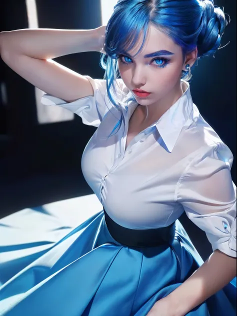 ((masterpiece)),(best quality),(detailed),(1girl), blue hair, blue glowing eyes, Updo, white shirt, black skirt, looking down on the viewer,
