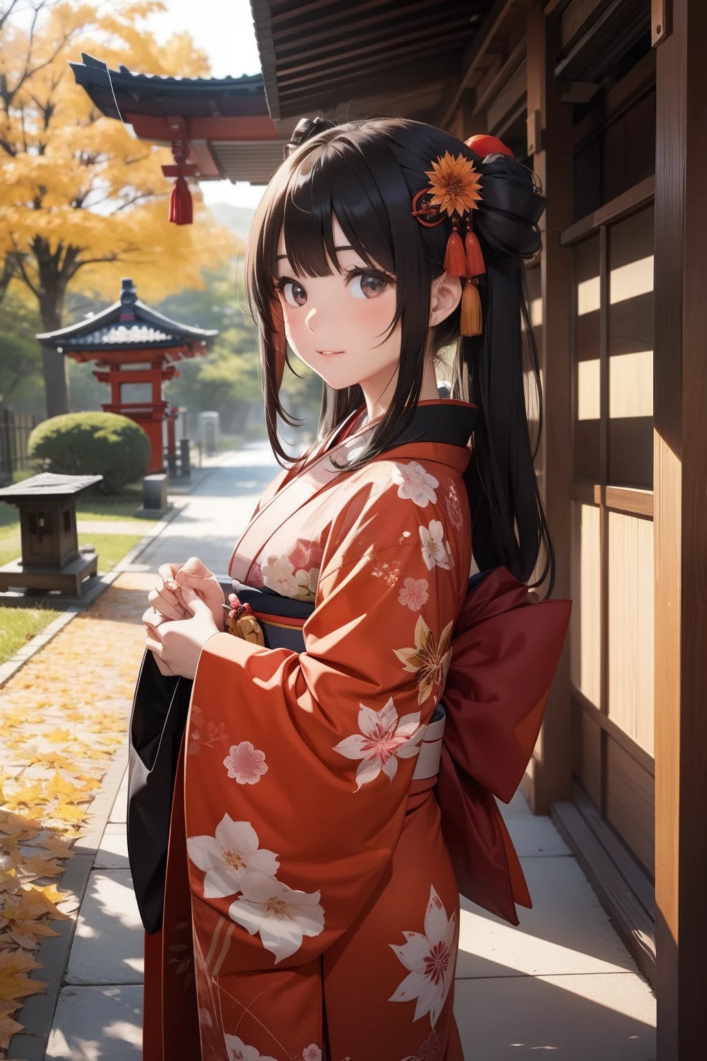 kimono　girl with　shrines　Worship　autumnal