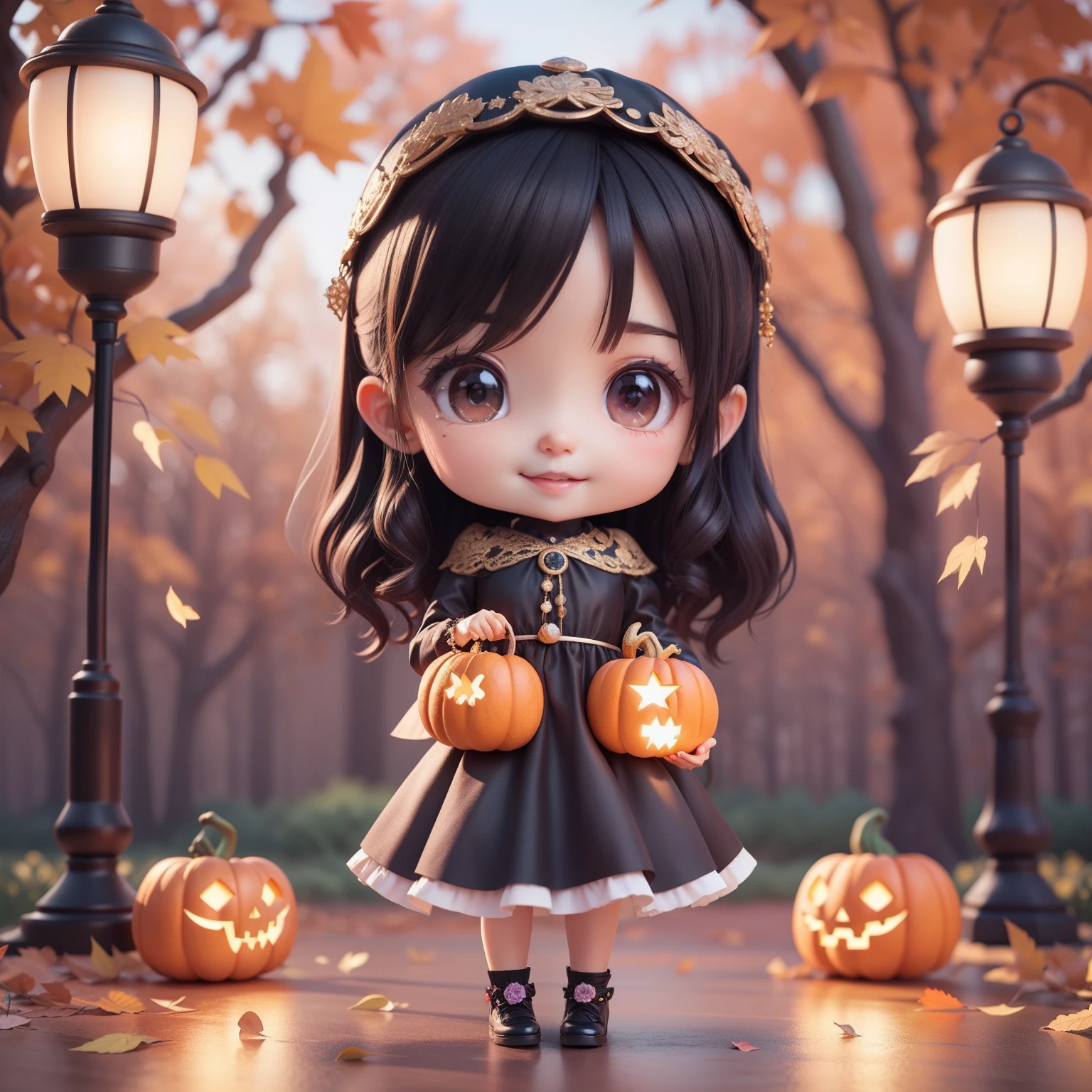 Cute Baby Chibi Anime,(((Chibi 3D))) (Best Quality) (Master Price)、Chibi Model、Black and purple retro dress、Black hair veil with luxurious jewels、Autumn in the fairytale forest、Lots of realistic pumpkins、Holding a retro lantern in both hands、A detailed face、Open your mouth and smile