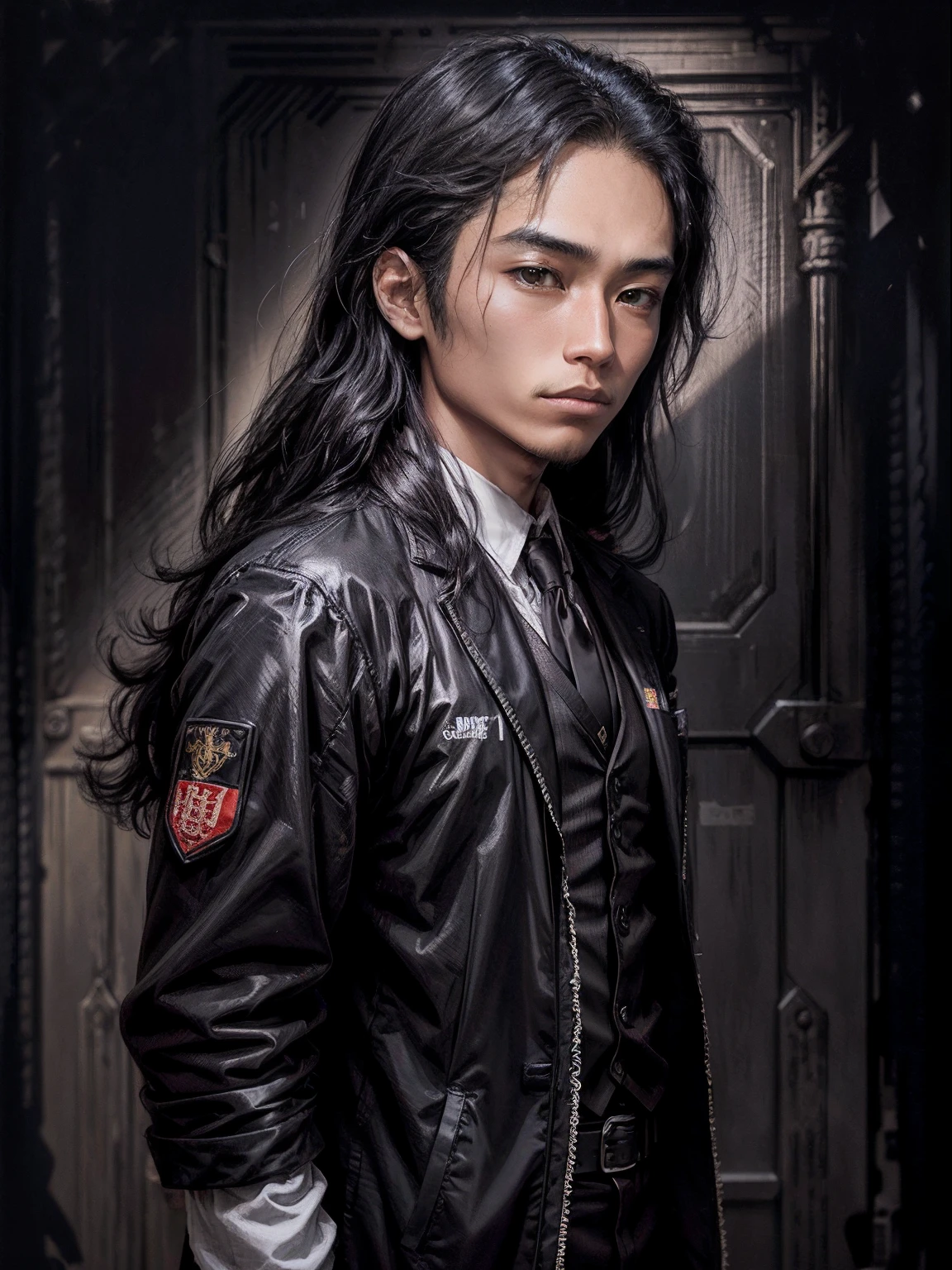 kazuhiro1, man, 25 years old, long hair, black suit, masculine, ((black background)), close up