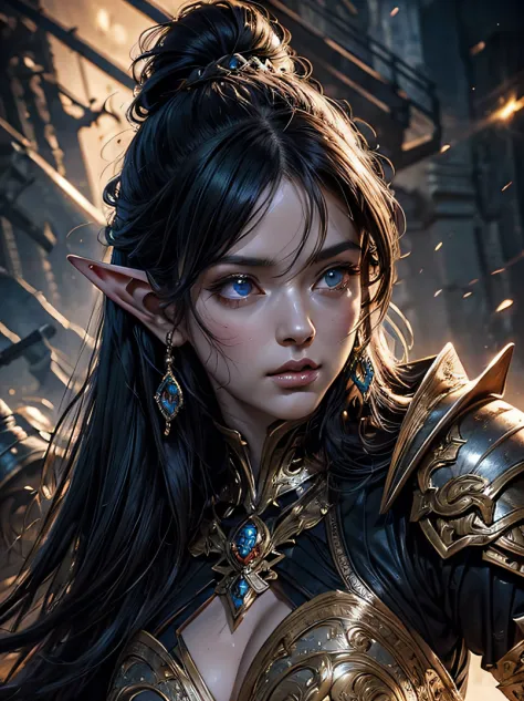 top-quality、Ultra-detailed、Cinematic lighting、Unique lighting effects、4/5 shots、Portrait of beautiful 30 year old female elf、Environments with complex details、Elegant person、Graceful aura、Elaborate patterns that blend fantasy and modernity、Black cloak of f...