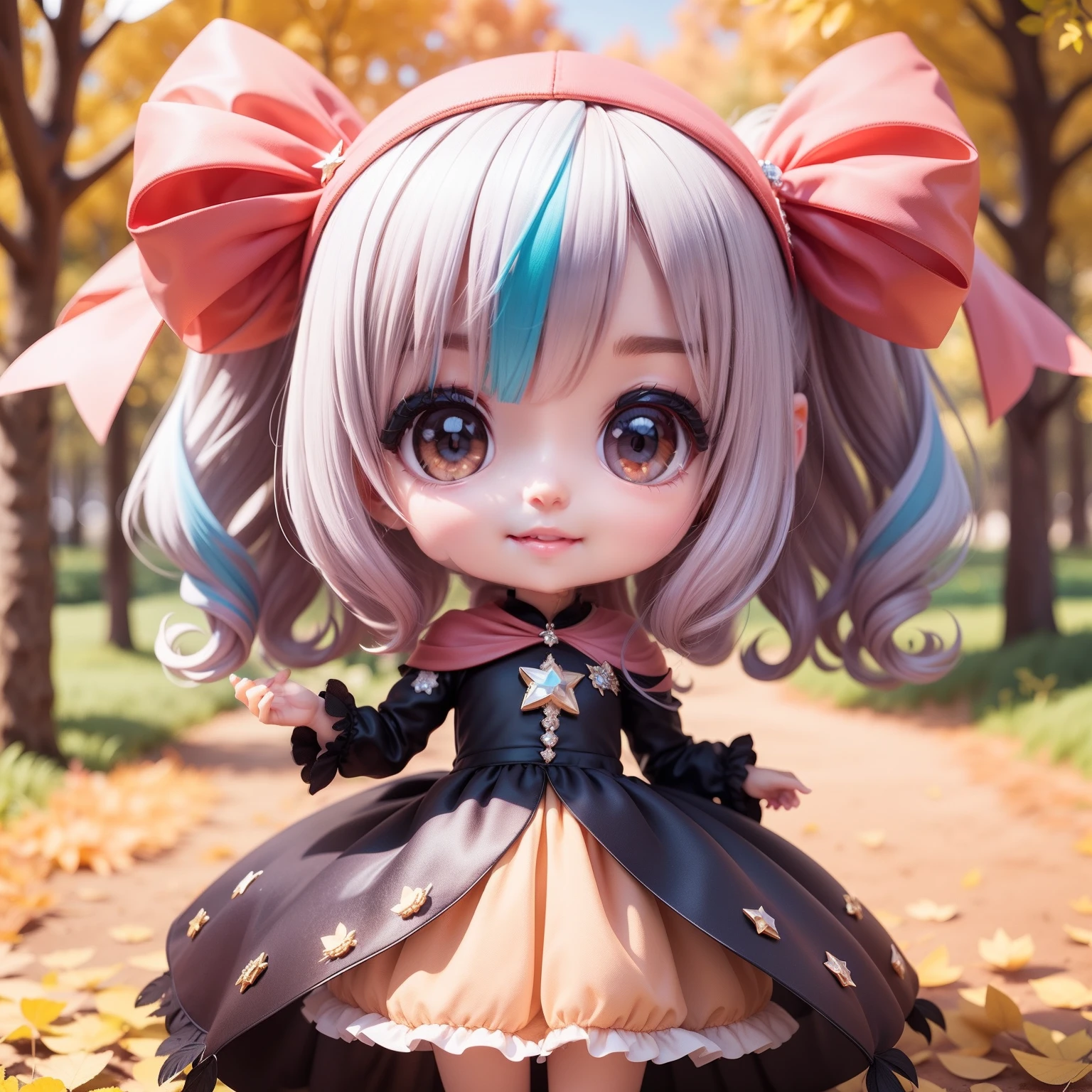 Cute Baby Chibi Anime,(((Chibi 3D))) (Best Quality) (Master Price)、Black feather dress、Luxury Gemstones and Veils、Autumn in the fairytale forest、Holding a star-shaped gem like a diamond in both handultiple colored hair、A detailed face、Open your mouth and smile