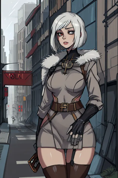 1 beautiful female, heavy metal ,   bobcut
fututristic, city street
enki bilal
realistic, coat
