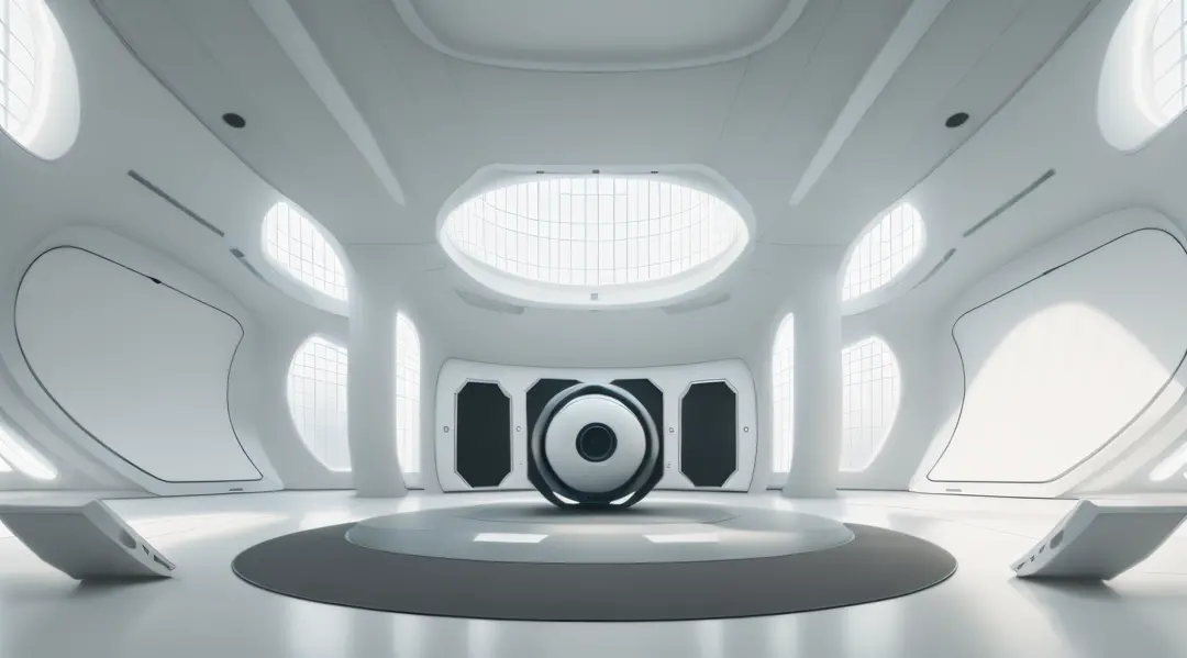 Futuristic minimalist white sci-fi studio，There is an artificial intelligence brain in the center of the stage, first person perspective，wide wide shot，in a panoramic view，35mm，highlight，high detal，8k，A high resolution