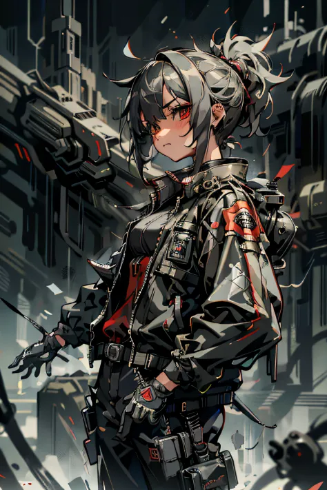 1girl, short ponytail hair, red eyes, wearing black jacket, black Utility Pants, cyber city, high res, ultrasharp, masterpiece, ...