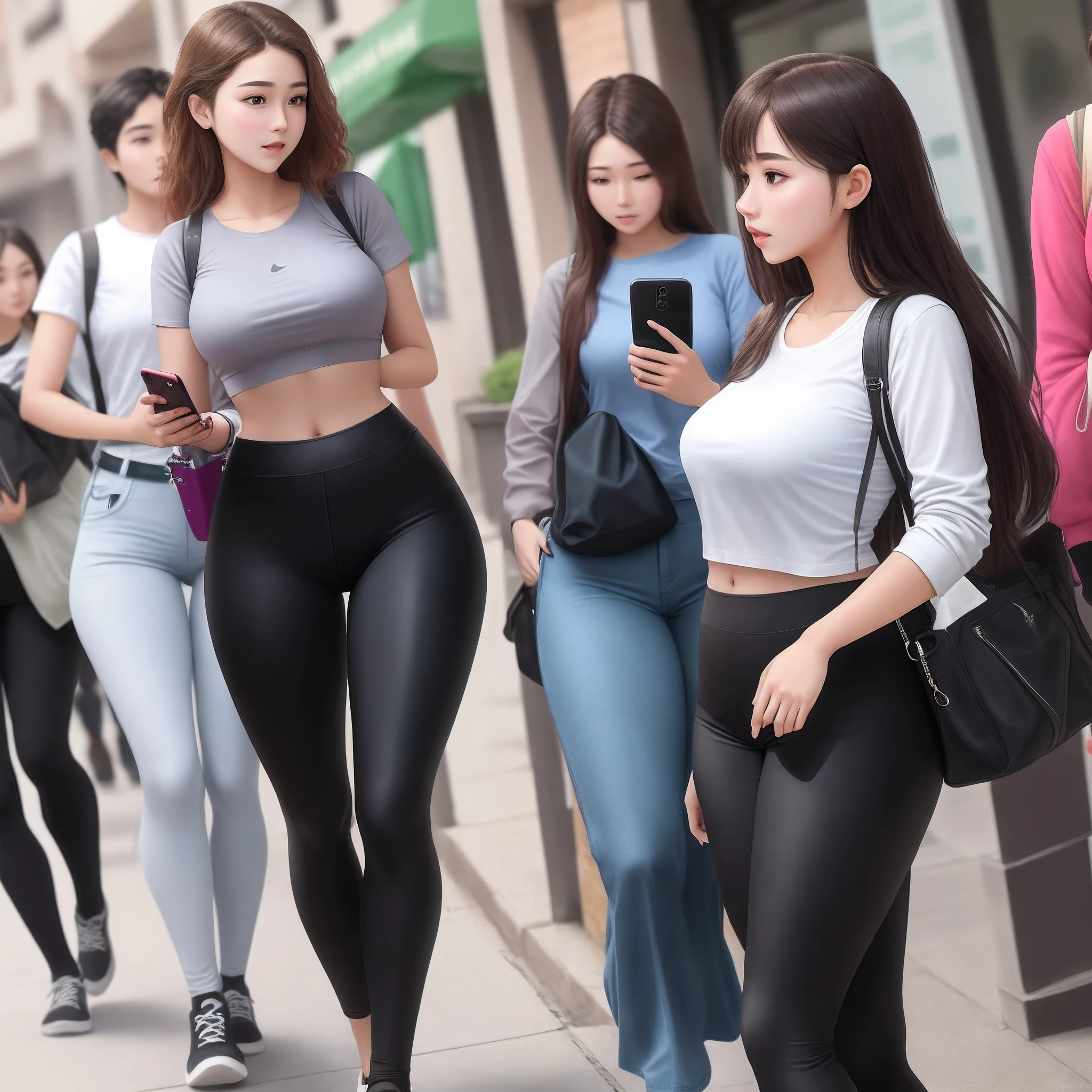 Girls in tight pants walking down the street with cell phones - SeaArt AI