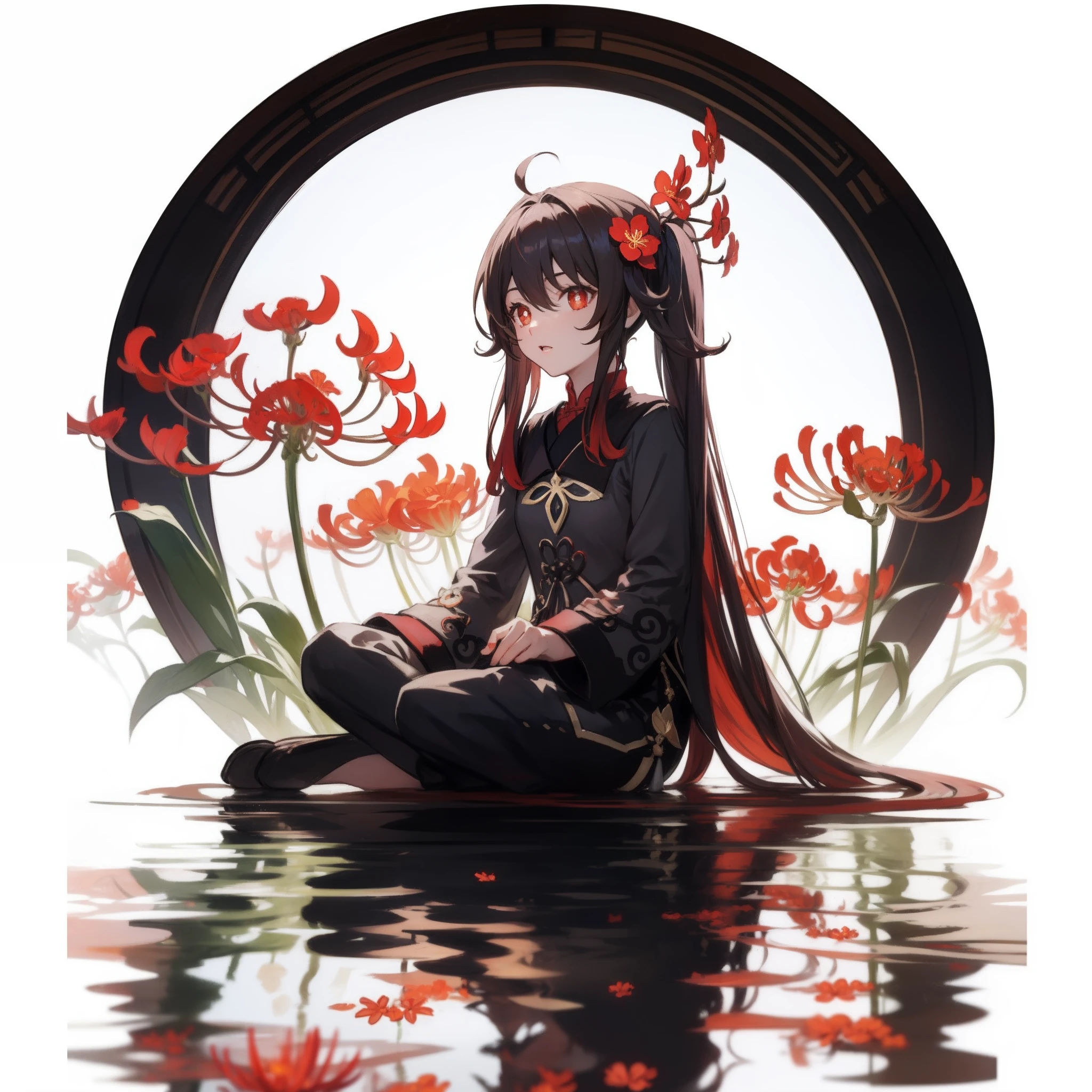 spider lily, white background, hu tao genshin impact, sitting in the middle, inside in the circle in the middle, water reflection, crimson hair
