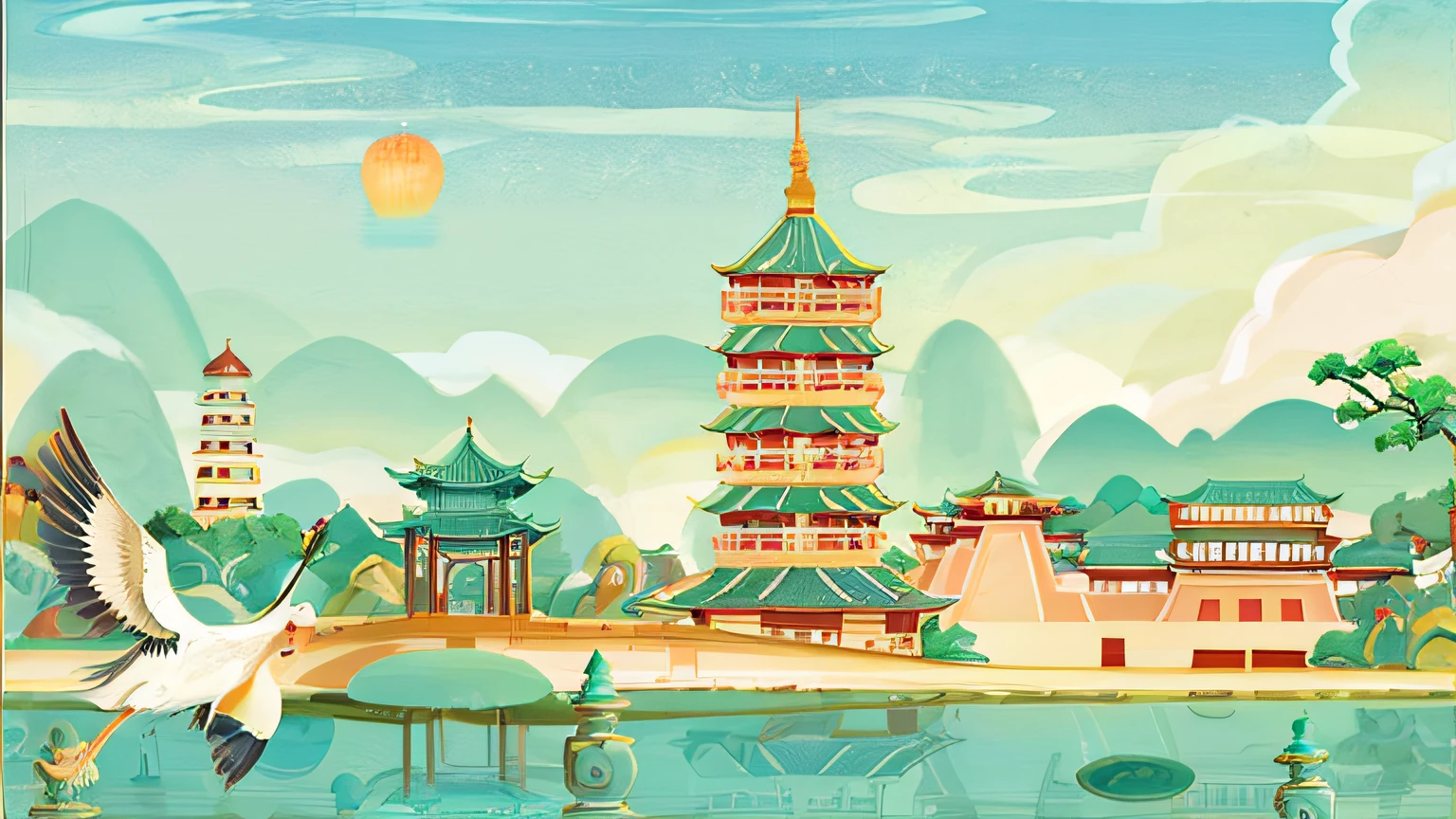 Chinese landscape illustration with pagoda and lake, Temple background ...