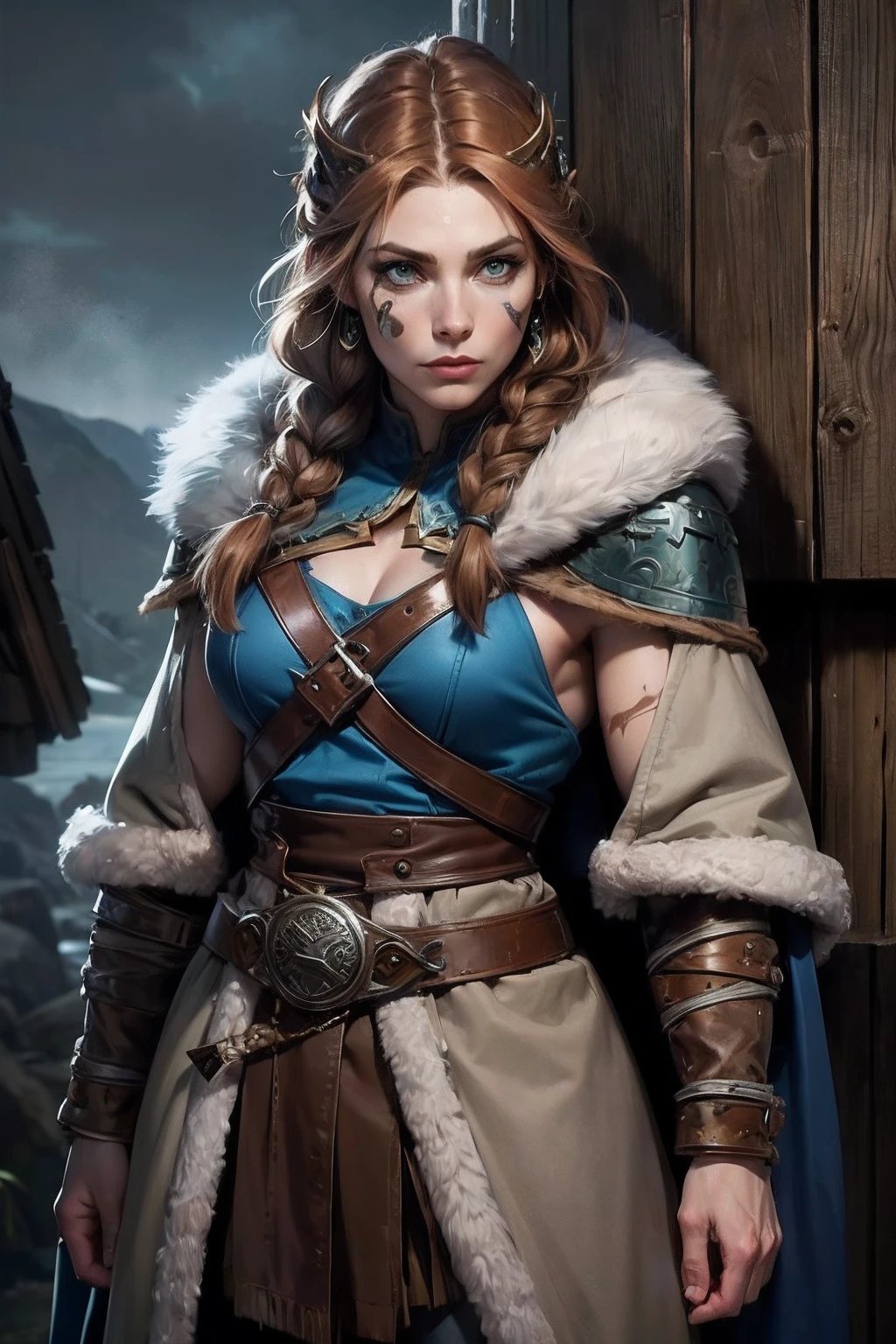 (Mulher viking:1.2),(pintura de guerra no rosto), maquiagem guerreira, (olhos verdes:1.1),(muscular),(casaco de pele),(saia de pele),(calça),(cor de cabelo castanho ruivo:0.9),(penteado viking),(cabelo solto com pequenas tranças no couro cabeludo), (top com alça de couro) penas, Capa sobre o ombro, Spaulders, (azul, Roupa cinza e marrom:1.2), guerreiro