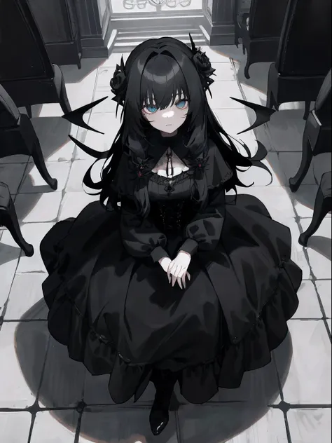 Anime girl sitting on the floor in a black dress - SeaArt AI