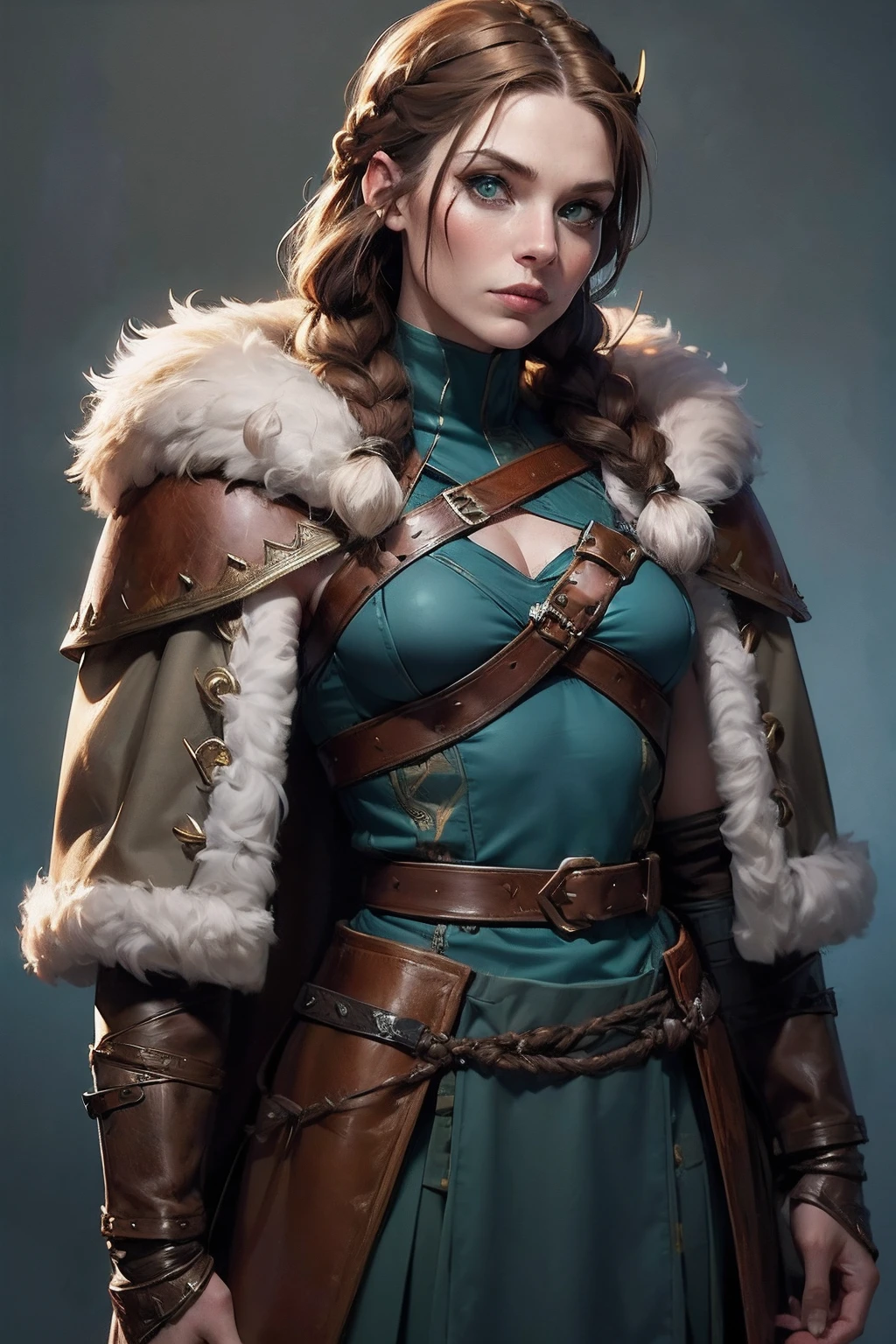 (Viking woman:1.2),(war paint on face), warrior makeup, (green eyes:1.1),(muscular),(fur coat),(fur skirt),(pants),(red brown hair color:0.9),(Viking hairstyle),(loose hair with small braids at scalp), (leather strap top) feathers, cloak over shoulder, spaulders, (Blue, grey and brown outfit:1.2), Warrior