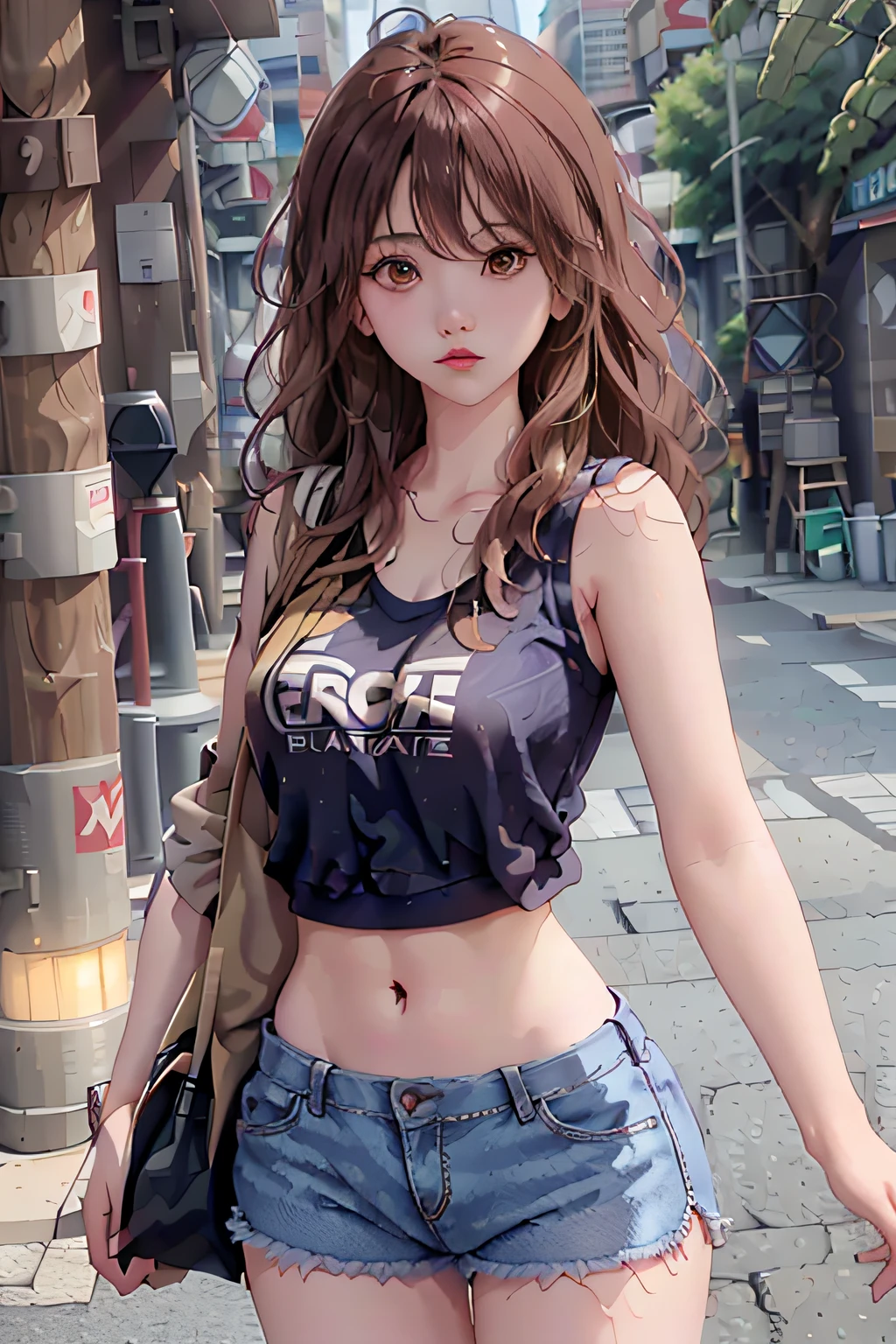 ((medium breast, tomboy girls, small head)), daylight, sunlight, (chiseled abs : 1.1), (perfect body : 1.1), (short wavy hair : 1.2) , auburn hair, collar, chain, full body shot, crowded street, wearing black tanktop, jeans jacket, ((shorts)), (extremely detailed CG 8k wallpaper), (an extremely delicate and beautiful), (masterpiece), (best quality:1.0), (ultra highres:1.0),  beautiful lighting ,perfect lightning, realistic shadows, [highres], detailed skin, ultra-detailed