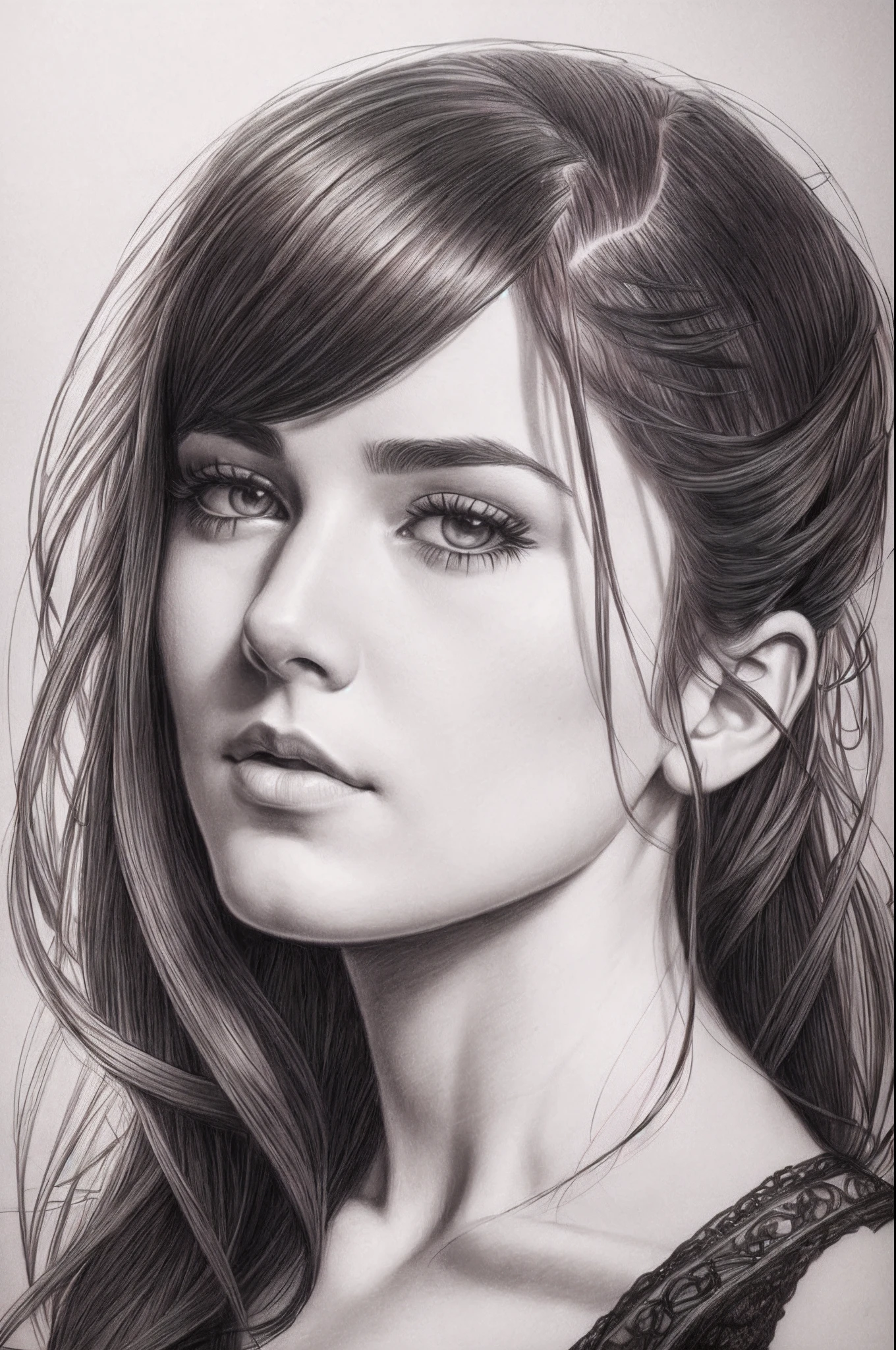 (young Natalia Varley), intricate pencil sketch, expressive eyes, nose and mouth, Un-Zoom, jim lee (jim lee, Alexey Maleev) Right, In the center of the profile, - This is a key visual complex, With high detail, Breathtaking, Accurate lineart, Stunning panoramic cinematography