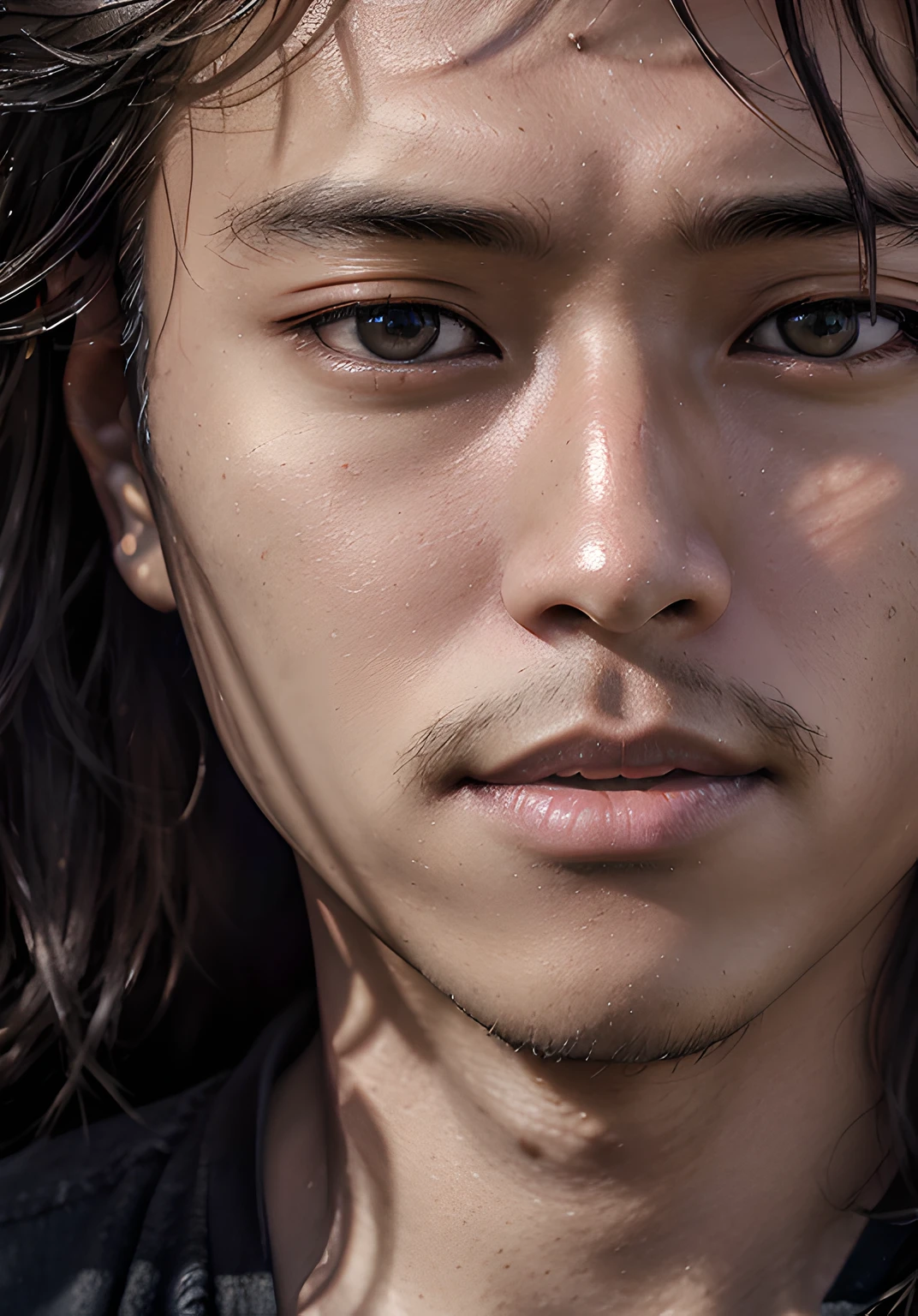 analog style, model shoot style, RAW (close portrait) of a 1boy, (kazuhiro1:1.5, long hair), ((handsome: 1.7, 
perfect face:1.3)), (from above:1.2), best quality, epic (by lee jeffries photo, sony a7, 50 mm, pores:1.5, colors, hyperdetailed:1.5, film grain:1.4,
hyperrealistic: 1.5), hyper-realistic lifelike texture, masterpiece, unreal engine 5, Extremely detailed CG unity 8k wallpaper, realistic eyes,
Madly detailed photo, (ecstasy of light and shadow, deep shadow), (Winner of the Pulitzer Prize for Photography and Taylor Wessing Photographic Prize)