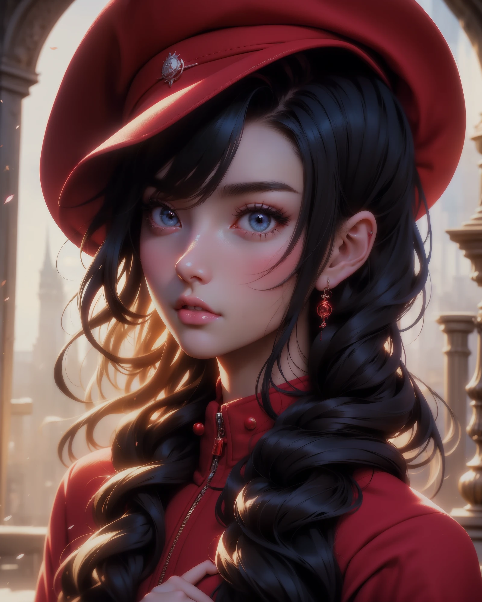 chica anime con pelo largo wearing a red hat and red jacket, hermoso retrato animado, 🍁 lindo, hermosa chica anime, anime visual of a lindo girl, ilya kuvshinov con pelo largo, chica anime con pelo largo, chica anime atractiva, retrato chica anime, linda chica anime, perfil de chica anime, lindo anime girl portrait, rin tohsaka