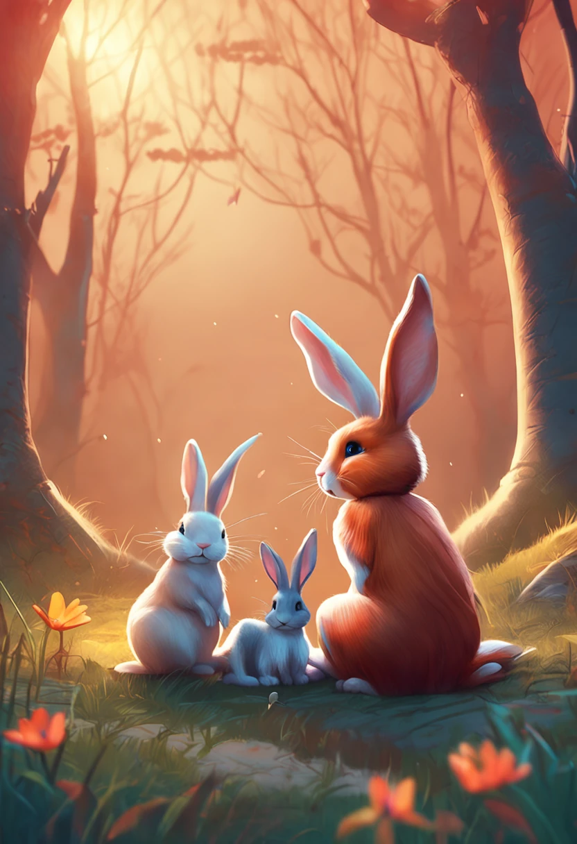 There were two rabbits sitting on the grass near the tree, a forest with bunnies, A beautiful artwork illustration, Rabbits, bunnies, Rabbit_Bunny, adorable digital art, 🍁 Cute, in style of digital illustration, warm beautiful scene, cute illustration, Cute detailed digital art, cyril rolando and goro fujita, in the style of Cyril Rolando