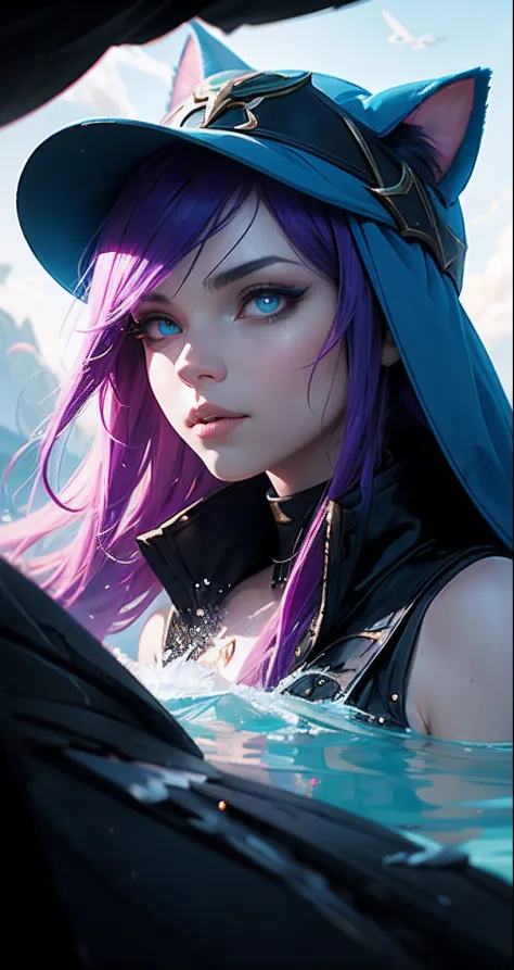 Персонаж Акали из League of Legends. tmasterpiece, beste-Qualit, filmstill, 1 cat, Full-length cat hat,Cat-goddess of water, AKALI Character Cat from the Clouds, soaring in the sky, a closeup of a, The vibrant, a happy, warm soft lighting, dawning,letho, S...